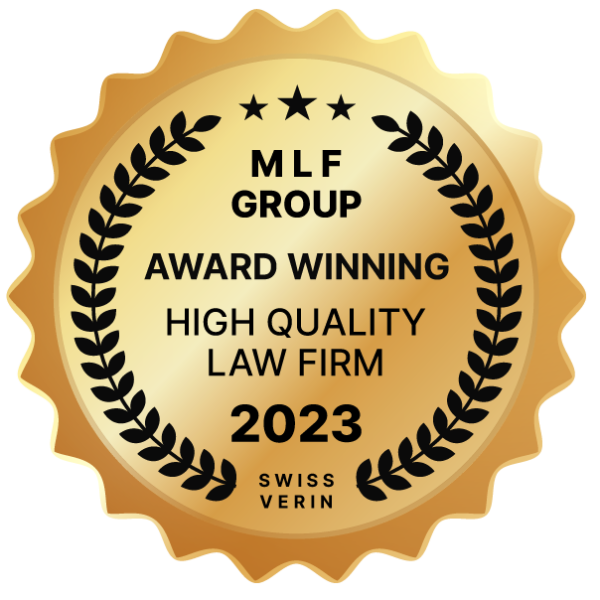 A sign that shows Max Law Firm in Thailand awarded by MLF Group Swiss Verein in 2023 as a High- Quality Services Law firm