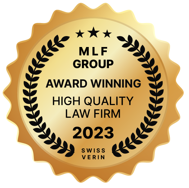A sign that shows Max Law Firm in Thailand awarded by MLF Group Swiss Verein in 2023 as a High- Quality Services Law firm